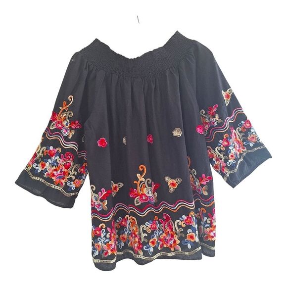 Colorful Bright Embroidered Cotton Blouse Top Smocked Off Shoulder Black XXL 2X - Picture 4 of 14